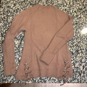 Brown mock neck sweater with tie up sides